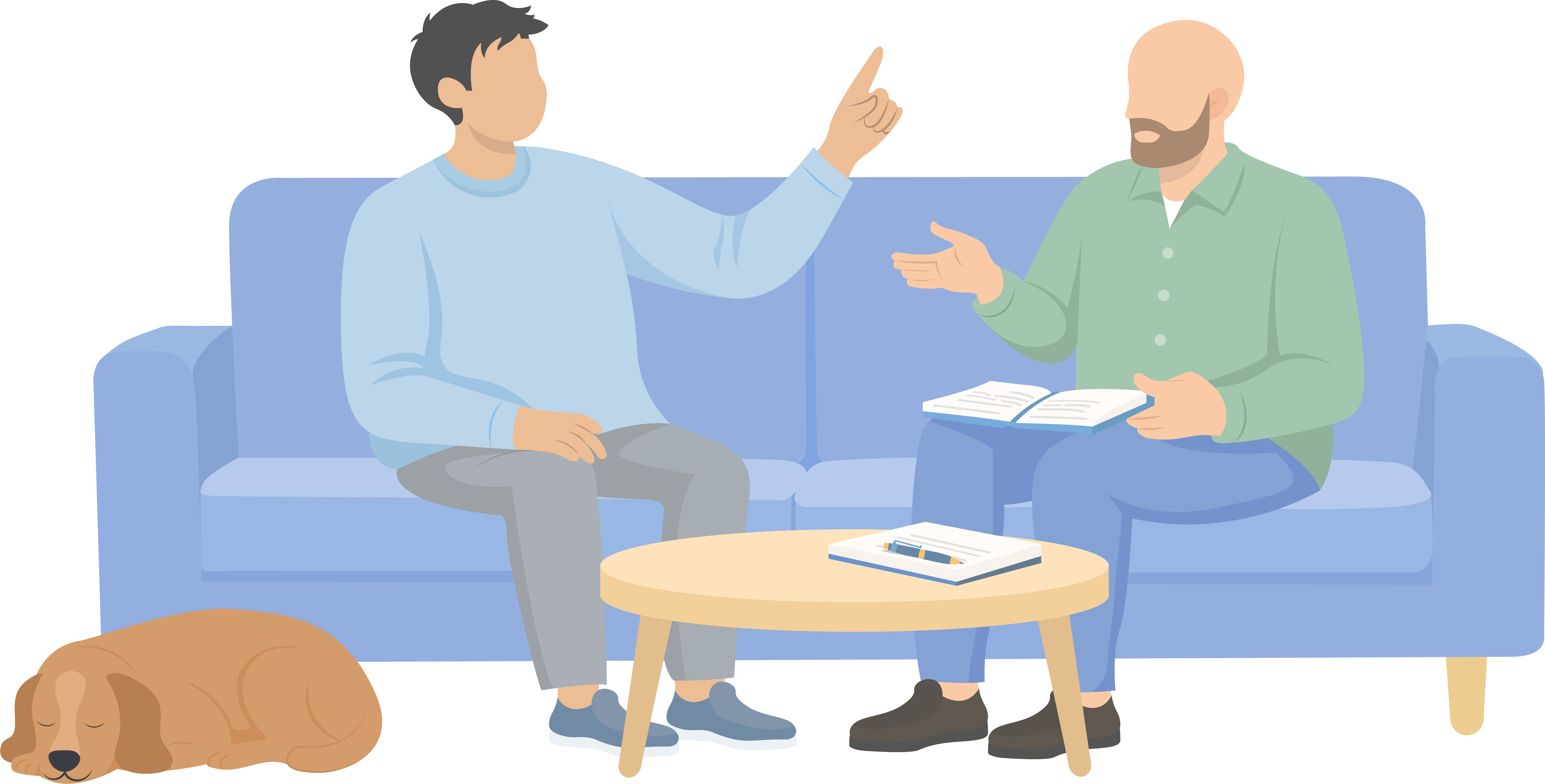 Een persoon is met zijn bewindvoerder in gesprek in een huiskamer op een blauwe bank. Er ligt een rustende hond naast de persoon op de grond voor de bank. De bewindvoerder heeft papieren mee om te bespreken.
