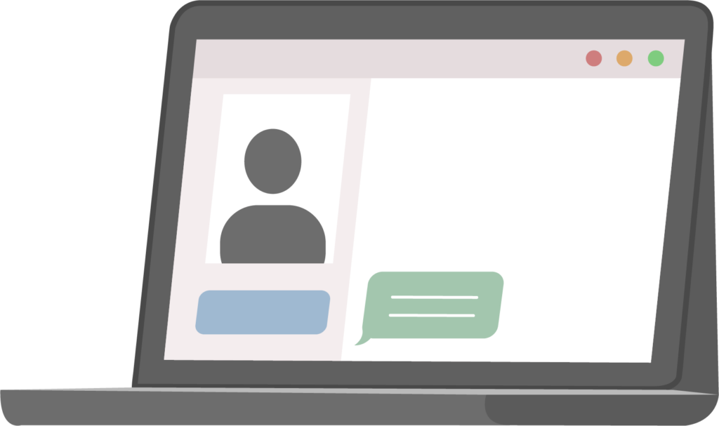 Een open laptop. Op het scherm is er contact in een chat omgeving met de bewindvoerder. Een manier van contact tijdens bewindvoering.